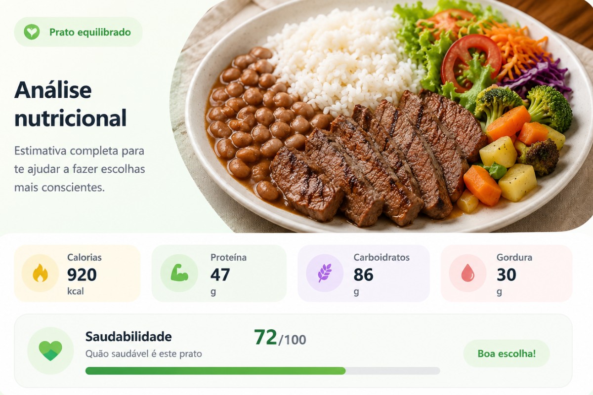 Análise nutricional de prato equilibrado com calorias, proteínas, carboidratos, gordura e saudabilidade