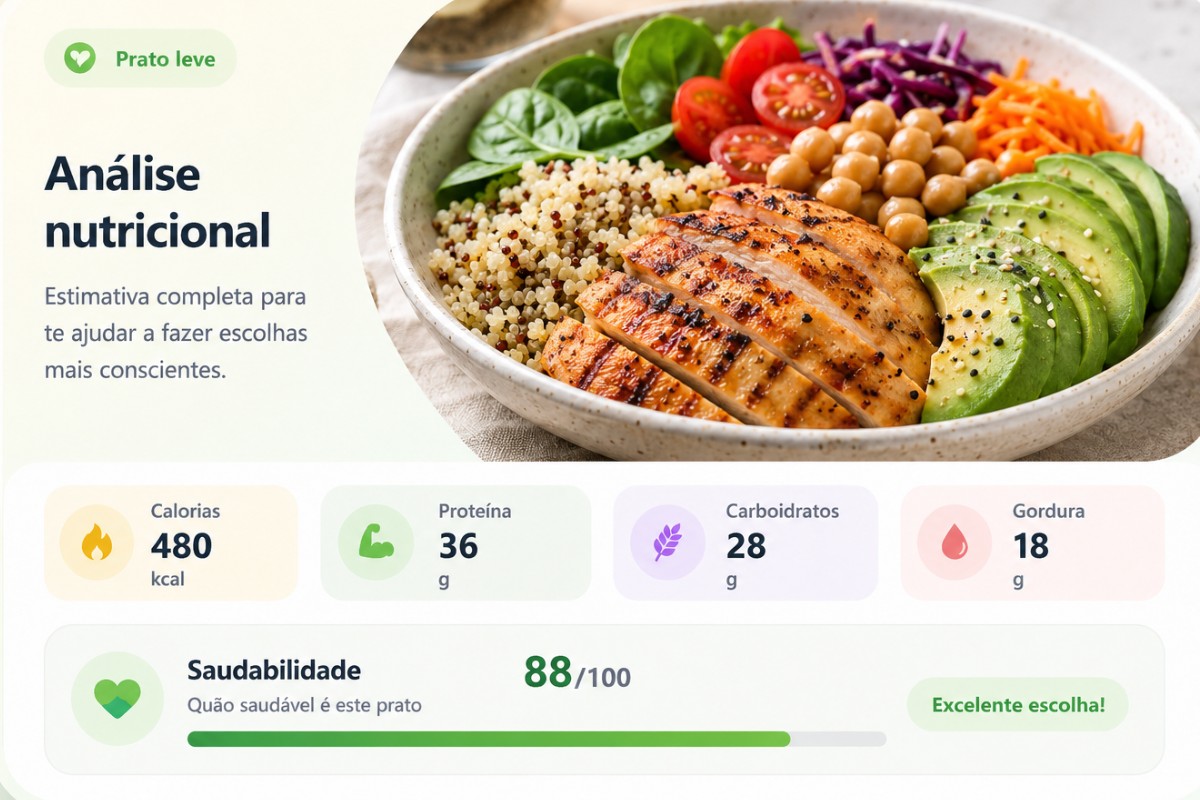 Análise nutricional de prato leve com calorias, proteínas, carboidratos, gordura e saudabilidade
