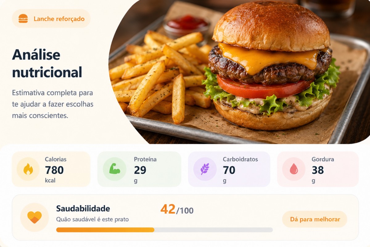 Análise nutricional de lanche reforçado com calorias, proteínas, carboidratos, gordura e saudabilidade